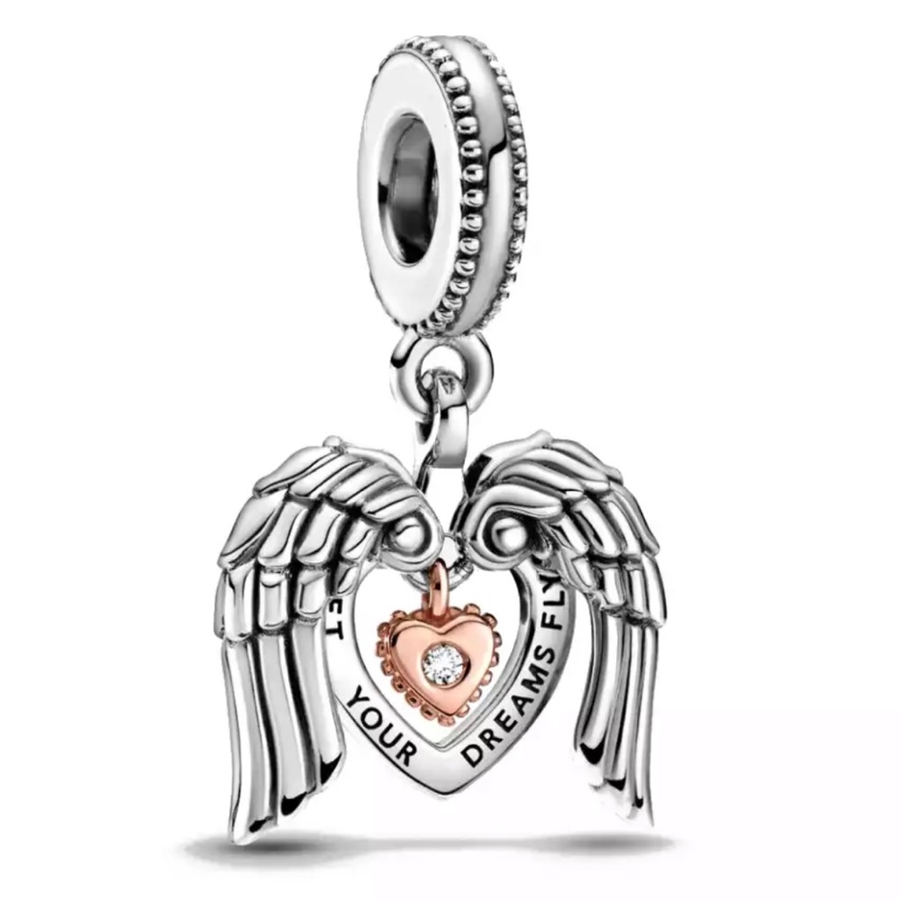 Let your dreams fly angel wing and heart open dangle charm 925 silver